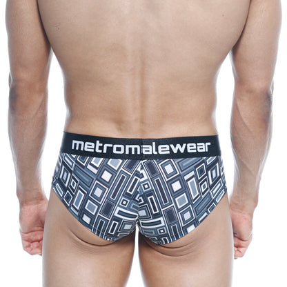 Black and white geometric-patterned men’s briefs with branded waistband metroMalewear mini cheek boxer Basalto 2025-23