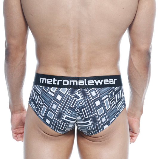 Black and white geometric-patterned men’s briefs with branded waistband metroMalewear mini cheek boxer Basalto 2025-23