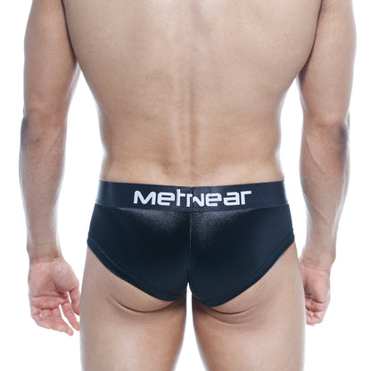 Black MetroMaleWear mini cheek boxer briefs with shiny textured fabric and white logo on waistband