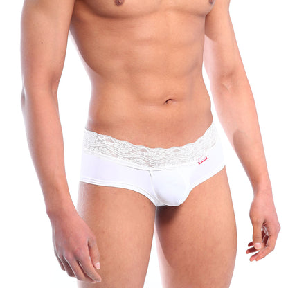 White lace-trimmed men’s briefs with a smooth form-fitting design from metromalewear mini cheek boxer lace white 2025-70