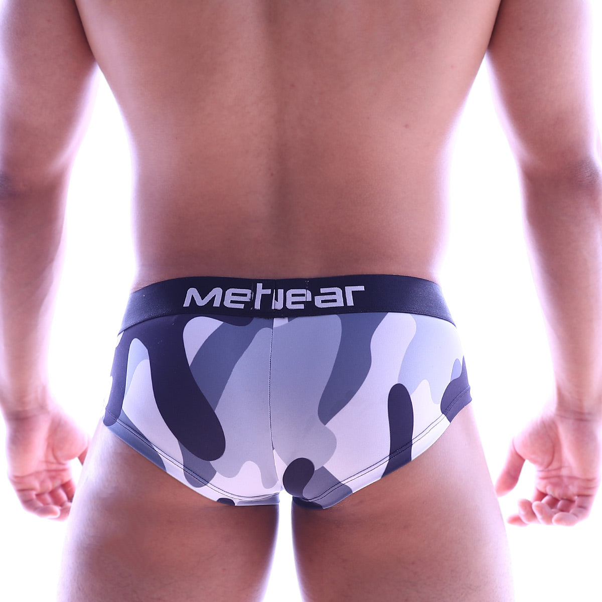 Gray and white camouflage patterned men’s briefs with black metgear waistband from metromalewear mini cheek boxer 2025-90