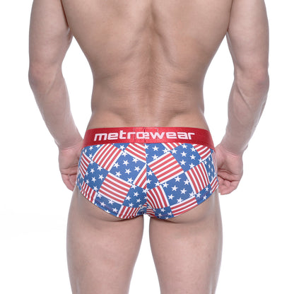 MetroMaleWear mini cheek boxer briefs in red white and blue american flag patchwork with red metrowear waistband