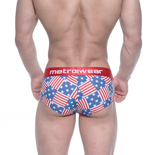 MetroMaleWear mini cheek boxer briefs in red white and blue american flag patchwork with red metrowear waistband