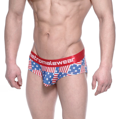 Red white and blue american flag patterned men’s briefs with red metromalewear waistband metroMalewear mini cheek boxer usa 2025-91