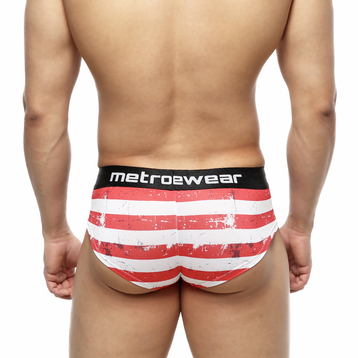 Red and white striped distressed men’s briefs with metroewear black waistband mini cheek boxer batalla 2025-92