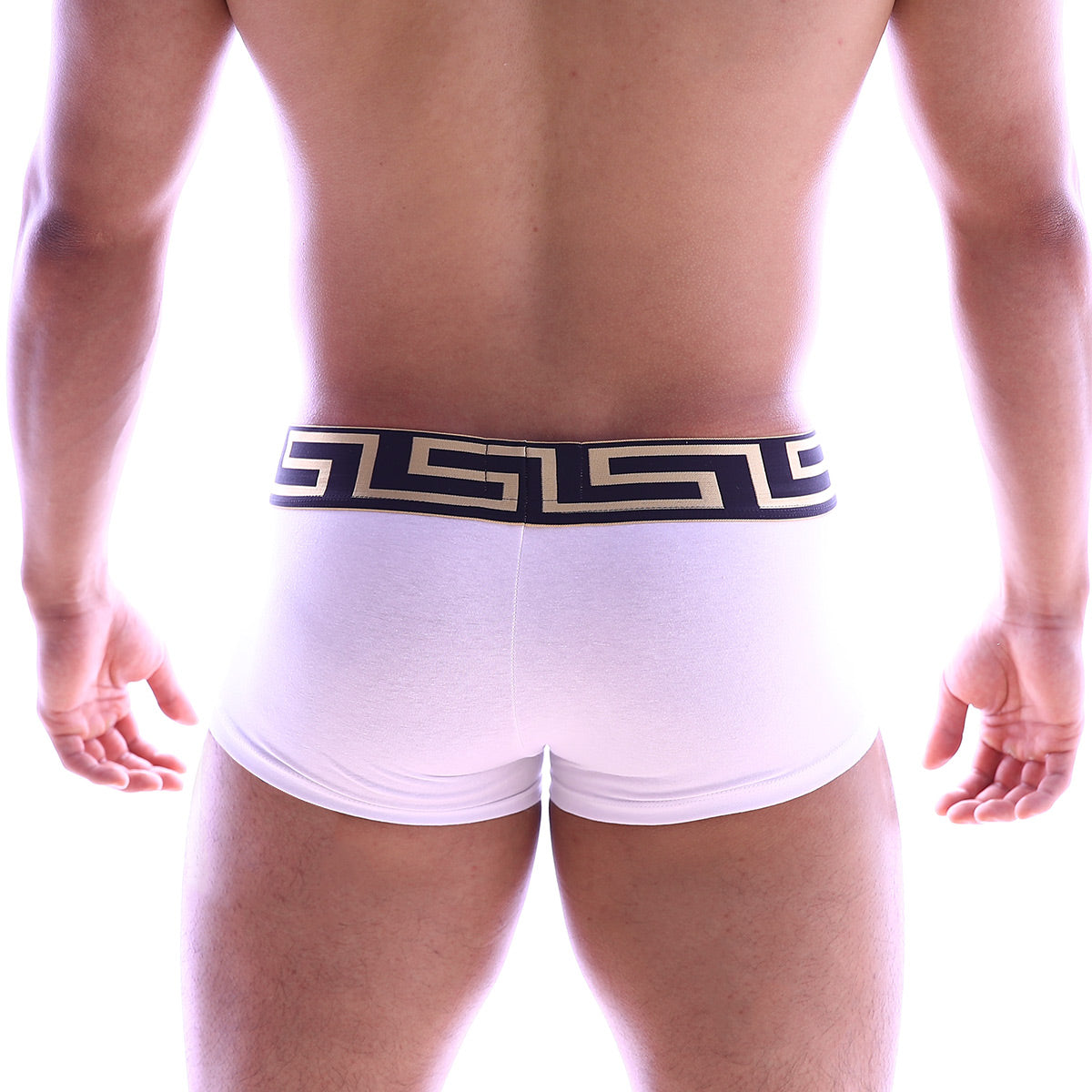 White briefs with black and gold greek key patterned waistband from metromalewear asian short boxer 2026-00