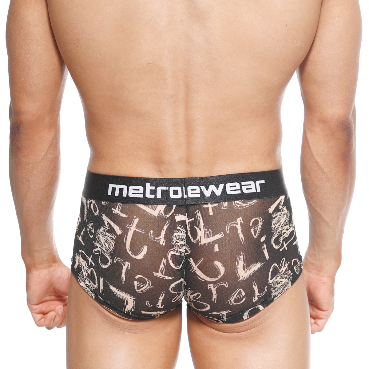 Black mesh briefs with white graffiti lettering and a black metroewear logo waistband titled metroMalewear asian trunk oraculo 2026-03
