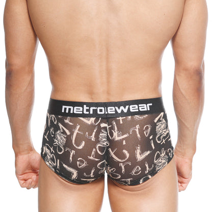 Black mesh briefs with white graffiti lettering and a black metroewear logo waistband titled metroMalewear asian trunk oraculo 2026-03