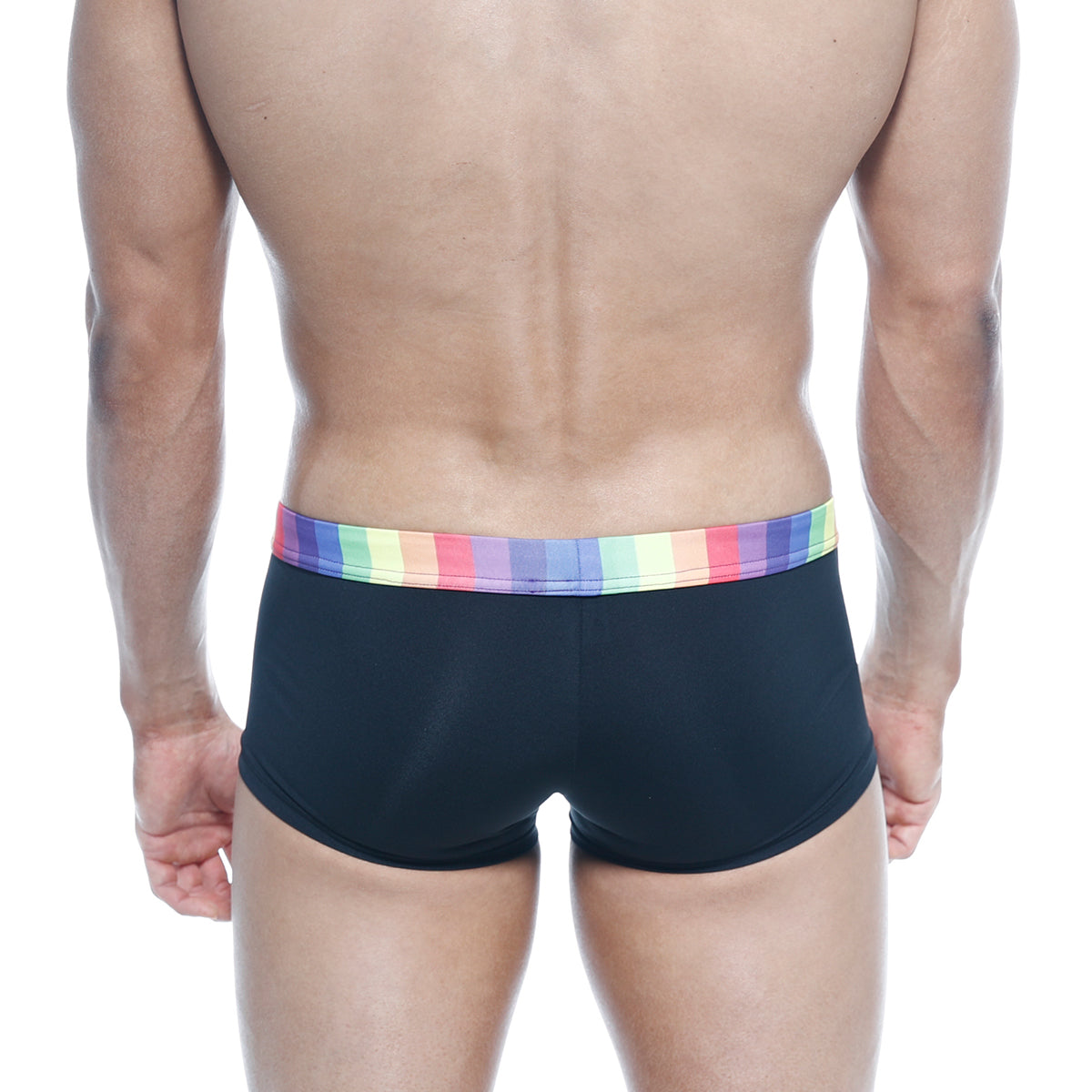 Black MetroMaleWear briefs with a colorful rainbow-striped waistband designed for comfortable daily wear