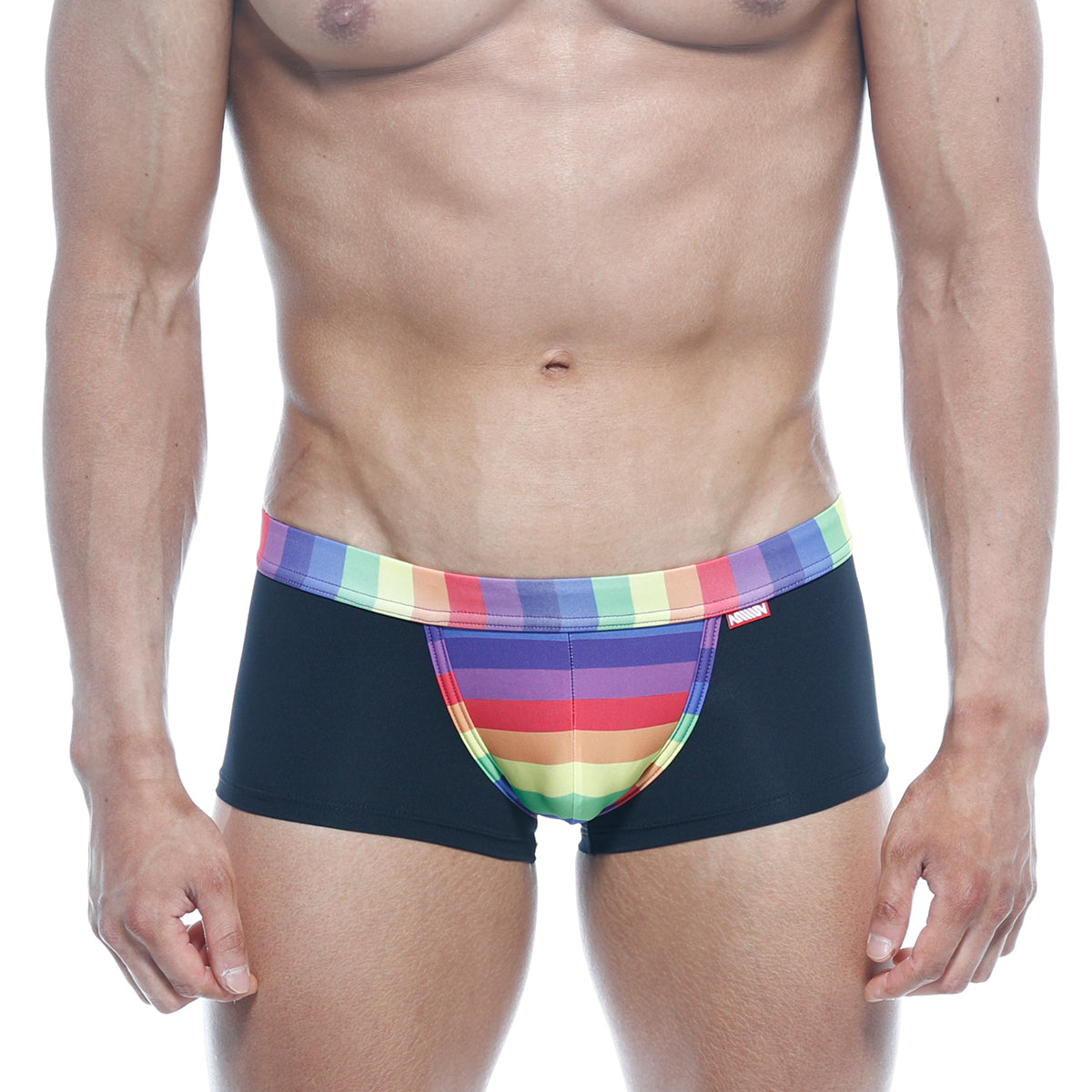 Black briefs metrohalewear rainbow trunk 2026-04 with vibrant rainbow-striped waistband and front panel design