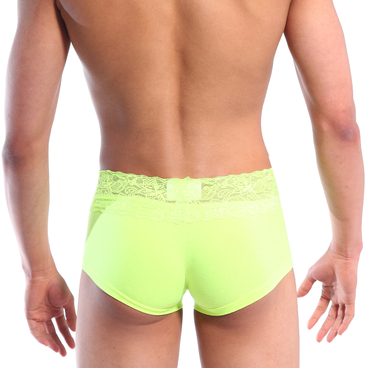 Neon green lace trimmed briefs from metromalewear featuring delicate lace details and soft stretch fabric for comfort