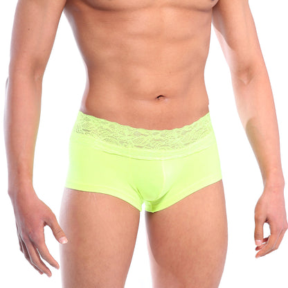 Bright neon green lace short boxer by MetroMaleWear featuring delicate lace trim at the waistband