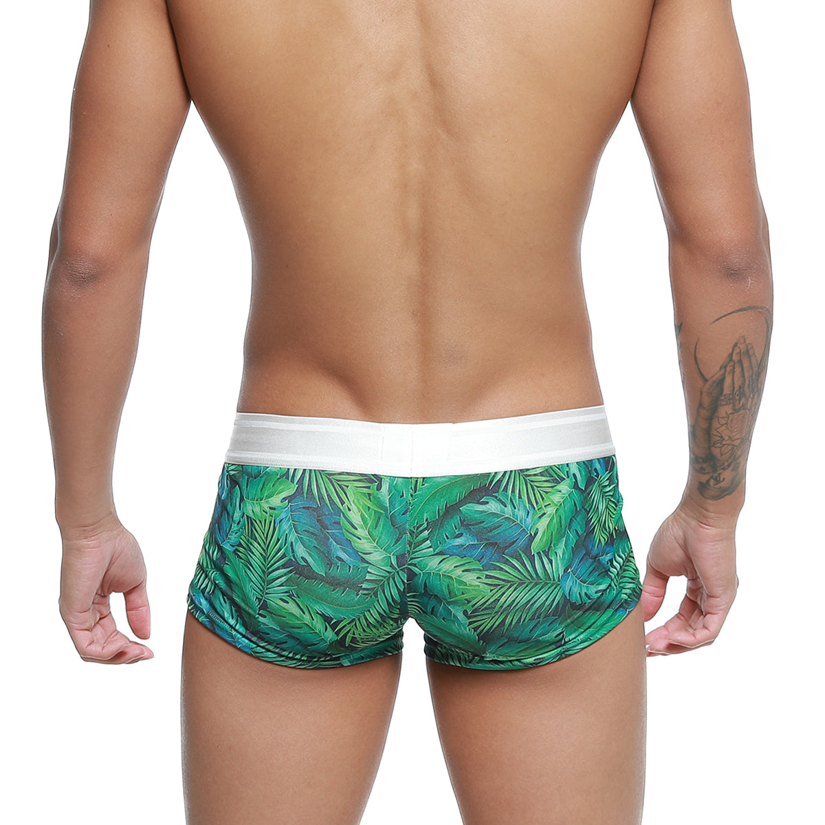 Green tropical leaf-patterned swim trunks with white elastic waistband by MetroMaleWear jungle trunk 2026-08