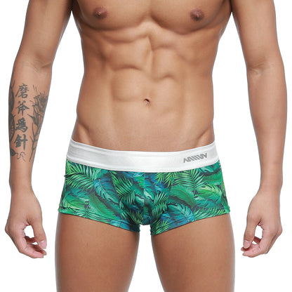 MetroMaleWear Jungle Trunk 2026-08 men’s boxer briefs with green tropical leaf pattern and white elastic waistband