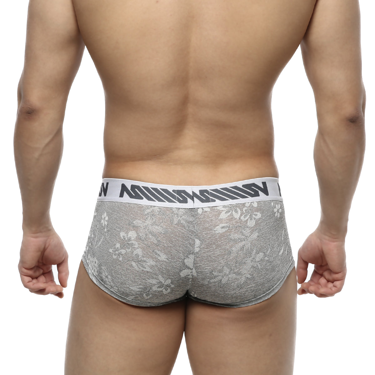 Gray lace briefs with a white waistband featuring black metro male wear jacquard lettering front view