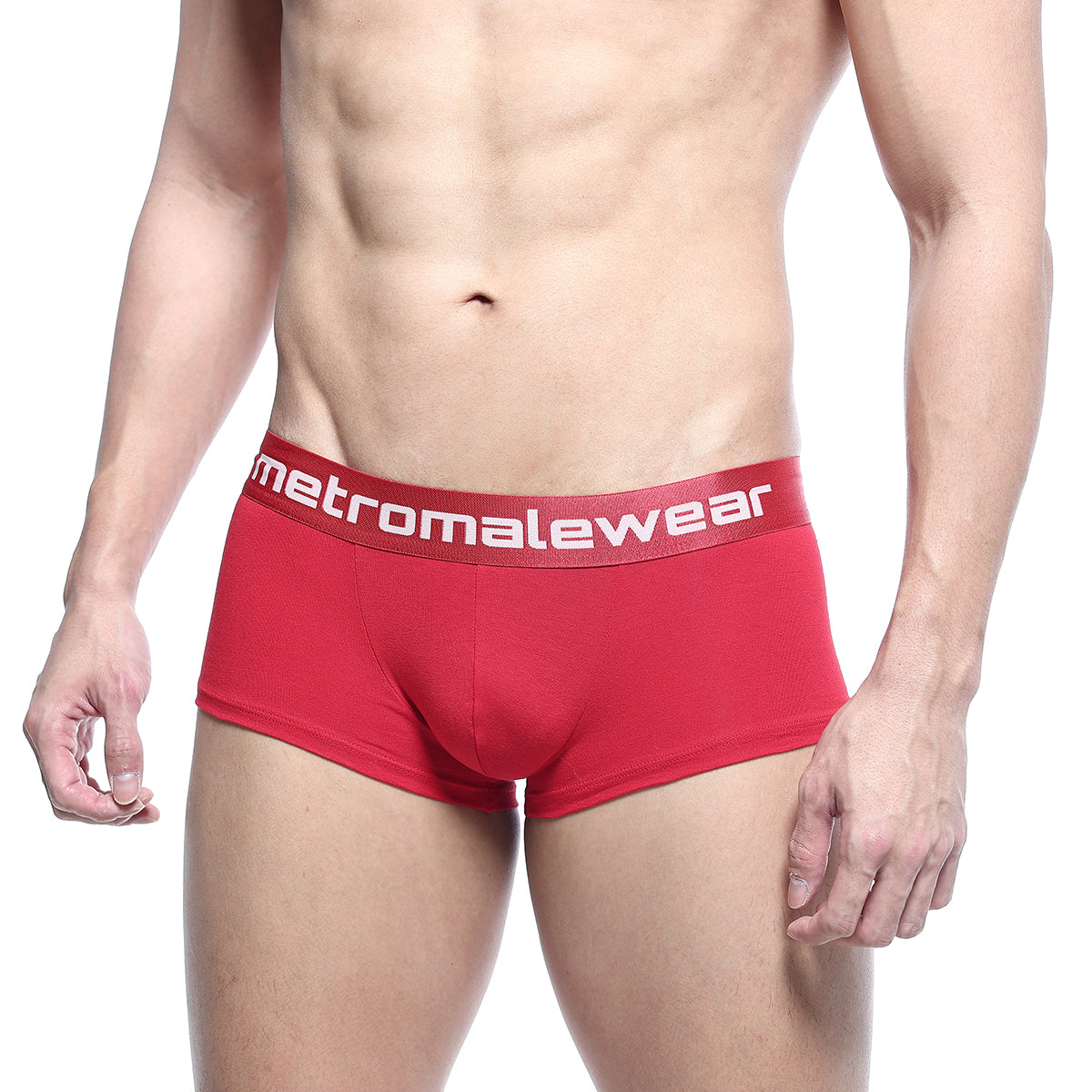 Red men’s briefs MetroMaleWear County Trunk 2026-12 with white logo on elastic waistband in comfortable fabric