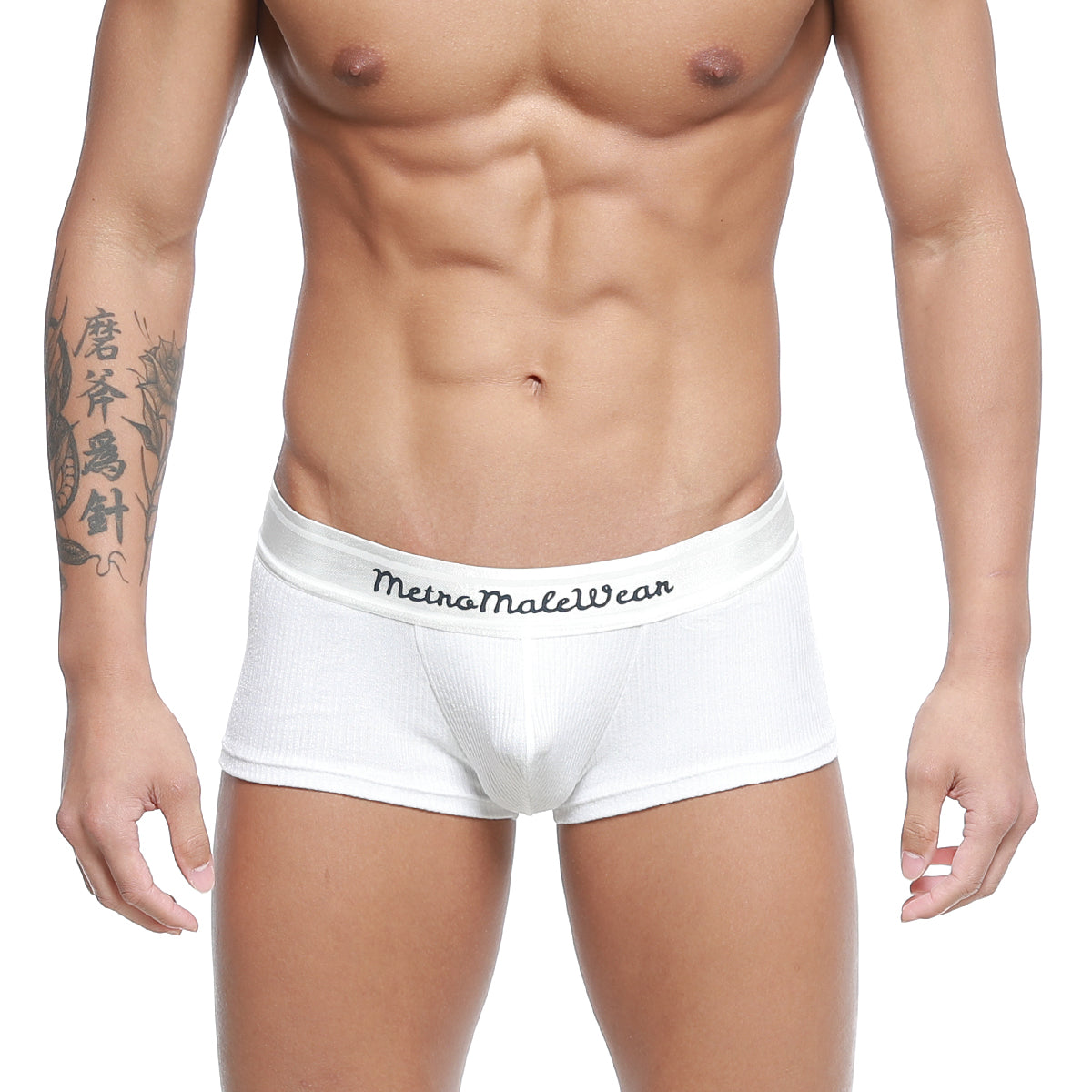 White ribbed men briefs with metromalewear branded waistband from MetroMaleWear rib trunk 2026-13 collection