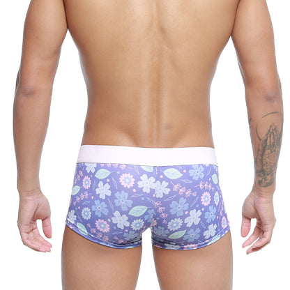 Purple floral-patterned metroMalewear jardin trunk 2026-15 men’s briefs with white waistband front view