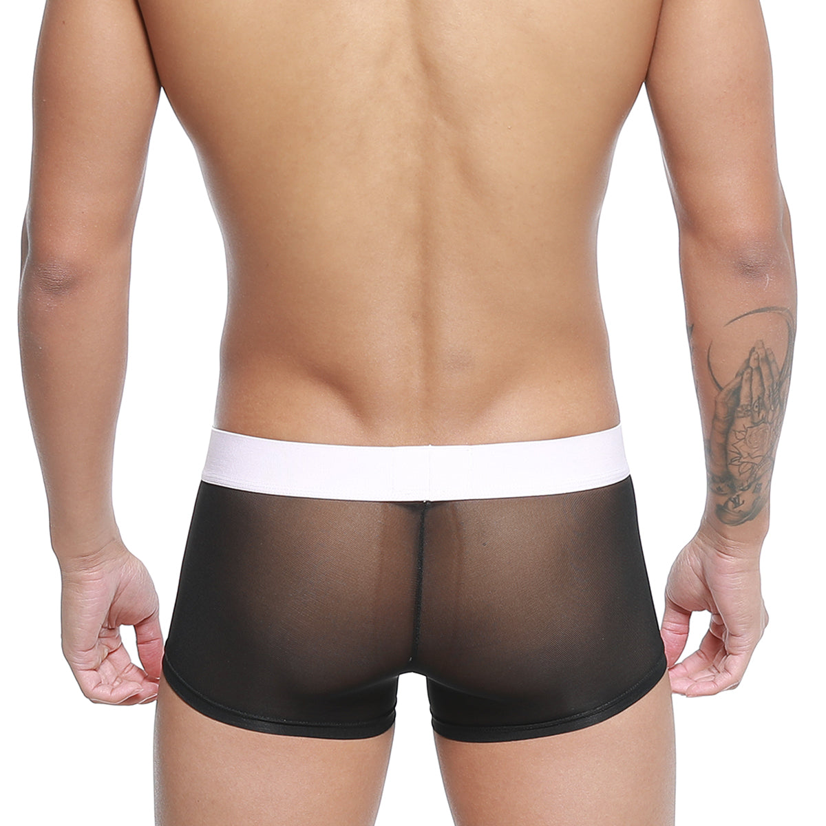 Black sheer mesh briefs with white elastic waistband metroMalewear tull trunk 2026-19 front view