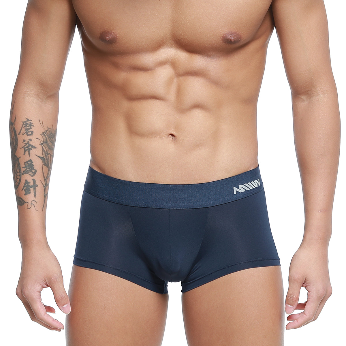 Navy blue stretch cotton briefs with white logo waistband from MetroMaleWear microfiber trunk dark blue 2026-29 collection