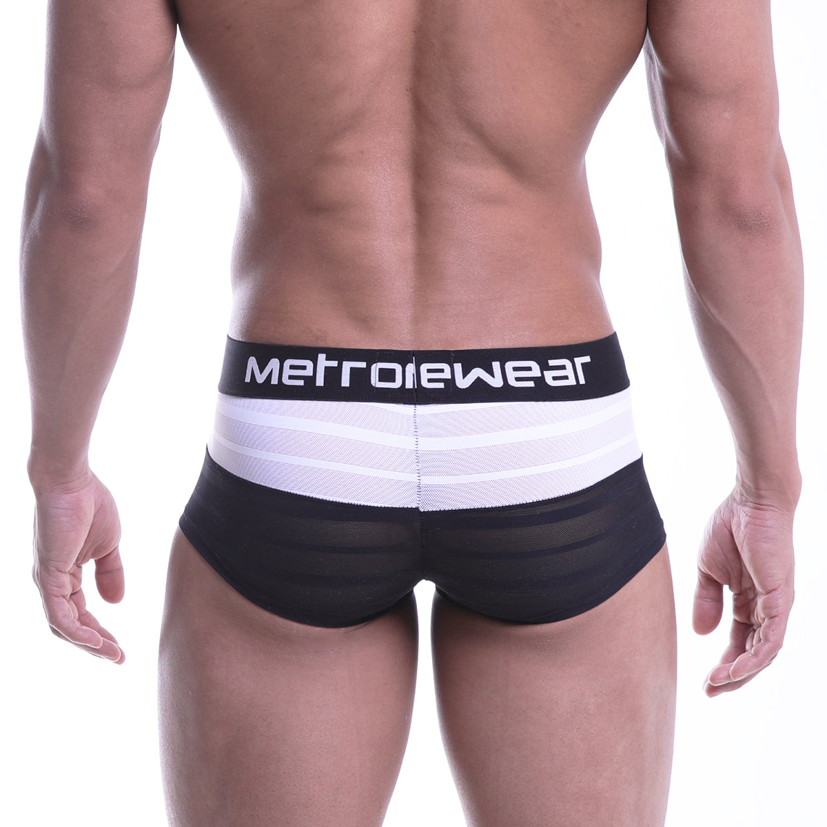 Metro male wear short boxer stripe black men’s briefs with black and white stripes and mesh waistband with metrowear logo