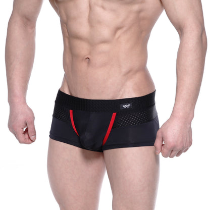MetroMaleWear Noto trunk black athletic briefs with red accent stripes and mesh panel on waistband front side