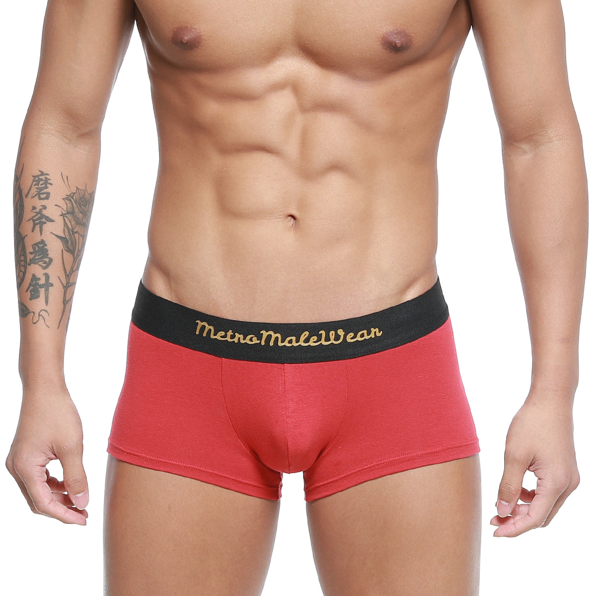 Red cotton briefs with a black waistband and gold metromalewear lettering metroMalewear cotton trunk terracotta 2026-34