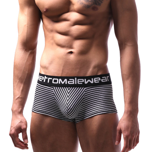 Black and white striped mens briefs with bold geometric pattern and metromalewear waistband metro malewear short boxer luces 2026-41
