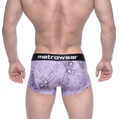 Purple denim-patterned metro male wear boxer briefs with black waistband featuring metrewear brand name