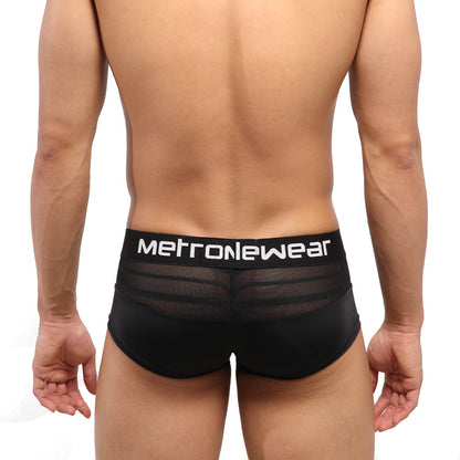 Black mesh briefs with solid black waistband featuring the metronewear logo from metroMalewear short boxer mesh black 2026-50