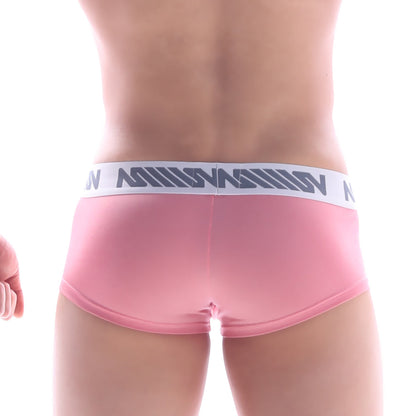 Pink MetroMaleWear Lux Short Boxer 2026-52 men’s briefs with white elastic waistband and gray geometric logo pattern