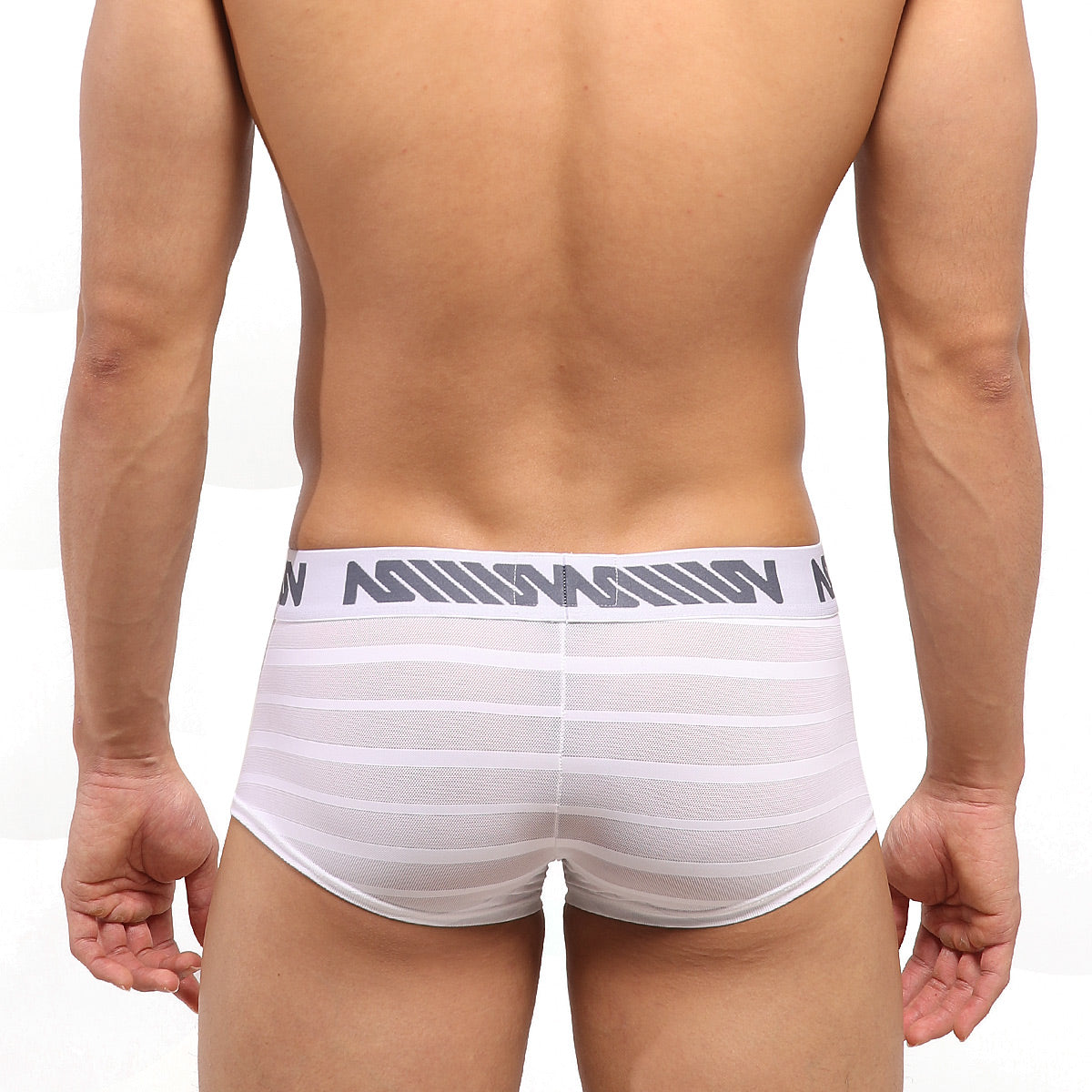 Metro malewear short boxer stripe white mesh briefs with white stripes and gray elastic waistband with logo pattern
