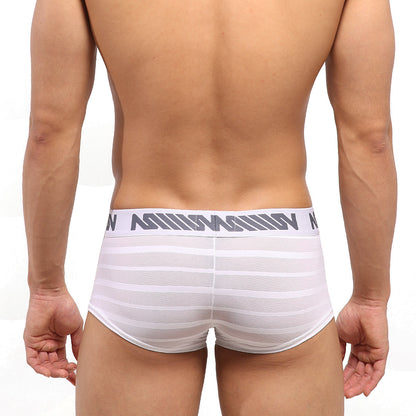 Metro malewear short boxer stripe white mesh briefs with white stripes and gray elastic waistband with logo pattern