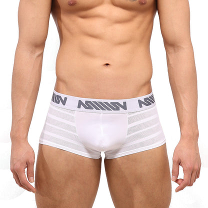 White men’s boxer briefs metroMaleWear short boxer stripe white 2026-53 with gray logo waistband and mesh side panels