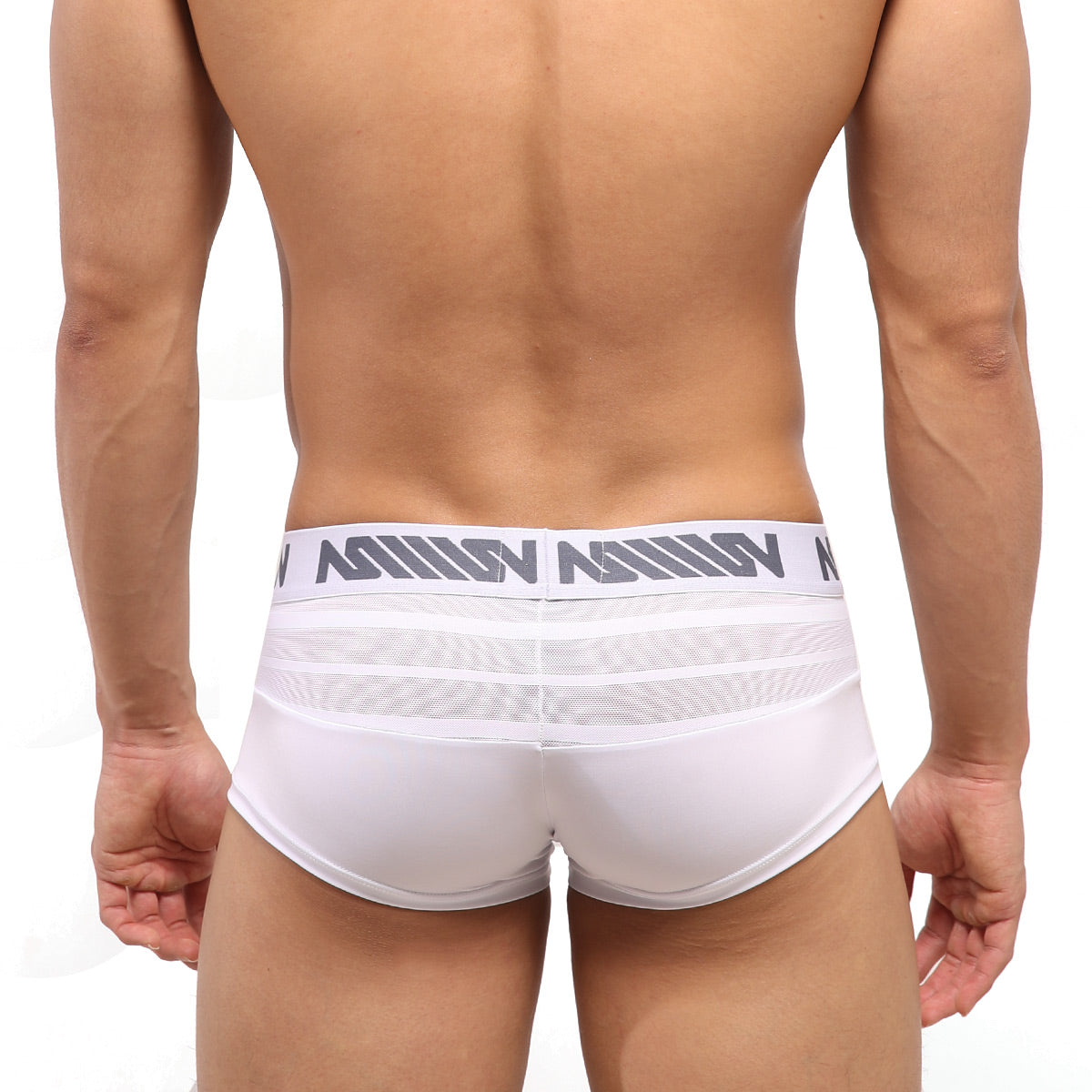 White men’s briefs metro malewear short boxer mesh with gray logo band and breathable mesh detailing white color