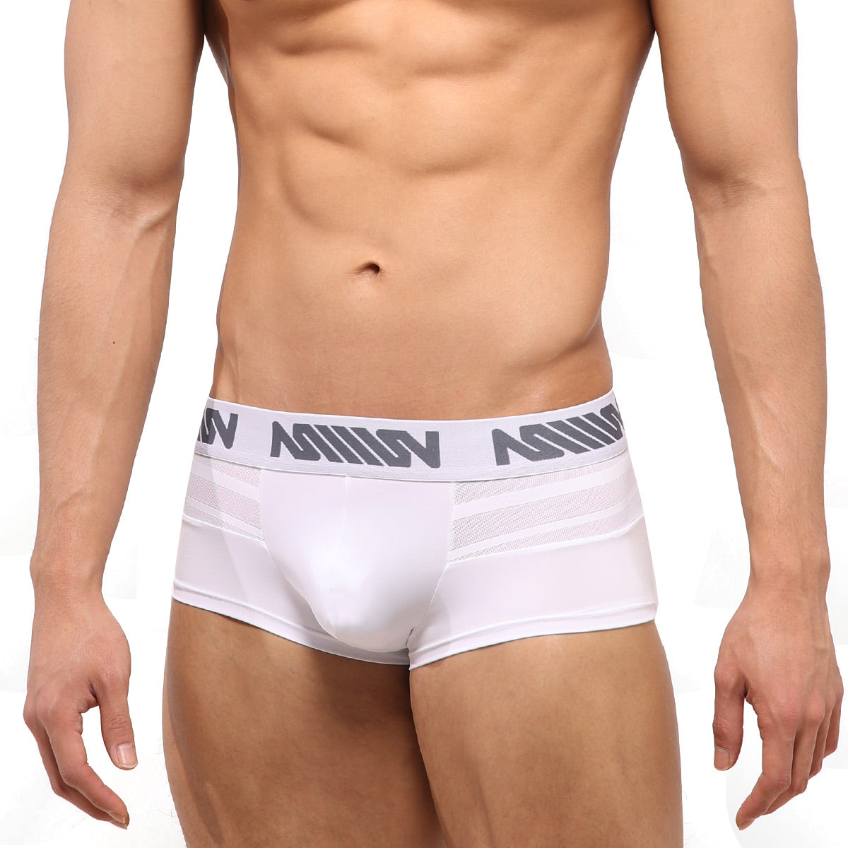 White mens briefs with gray logo mesh waistband from metromalewear short boxer mesh white 2026-54 collection