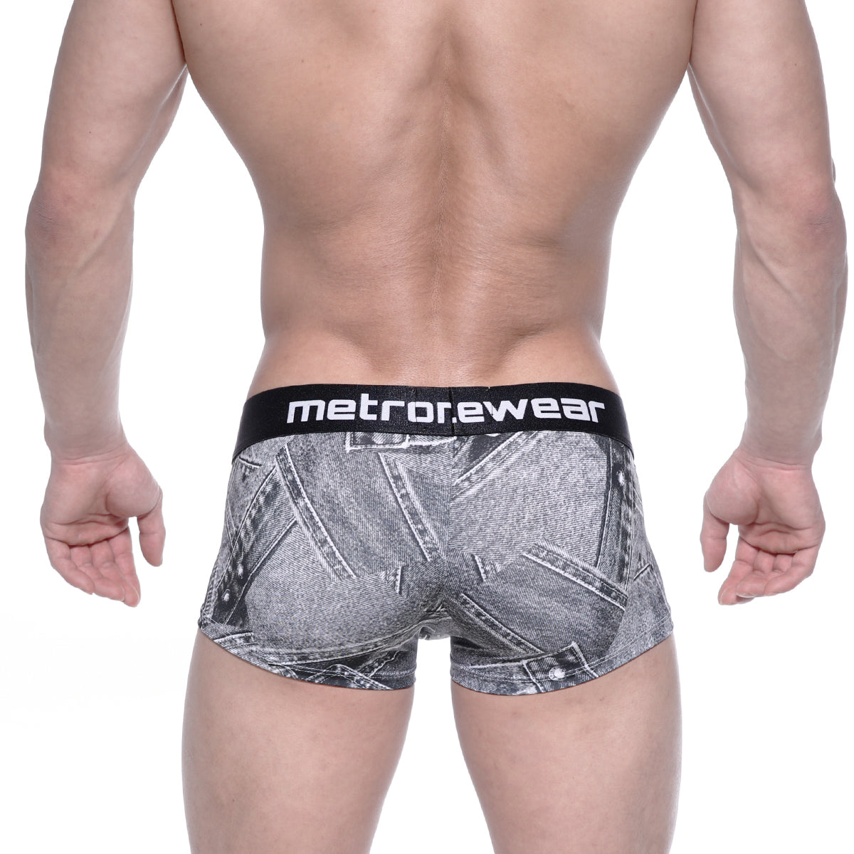 Black and gray denim-patterned boxer briefs with black metrorewear waistband metro malewear asian short boxer denim gray 2026-55