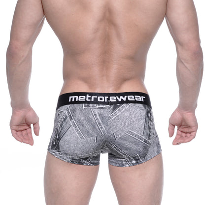 Black and gray denim-patterned boxer briefs with black metrorewear waistband metro malewear asian short boxer denim gray 2026-55