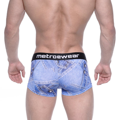 Blue denim-patterned men’s briefs with black metroewear waistband from MetroMaleWear Asian Short Boxer 2026-56