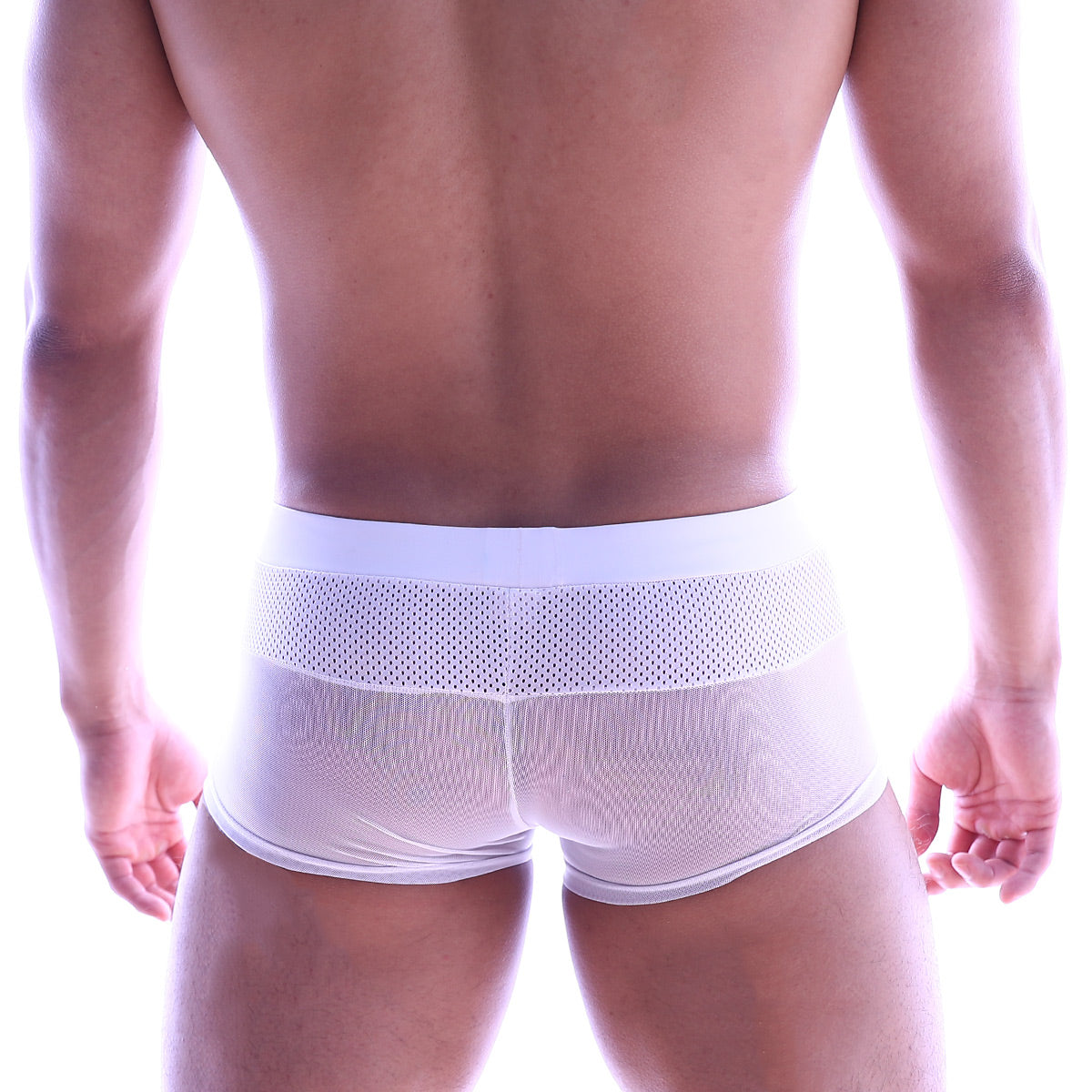 White mesh briefs with a solid white waistband from metromalewear sencillo trunk 2026-60 for comfortable everyday wear
