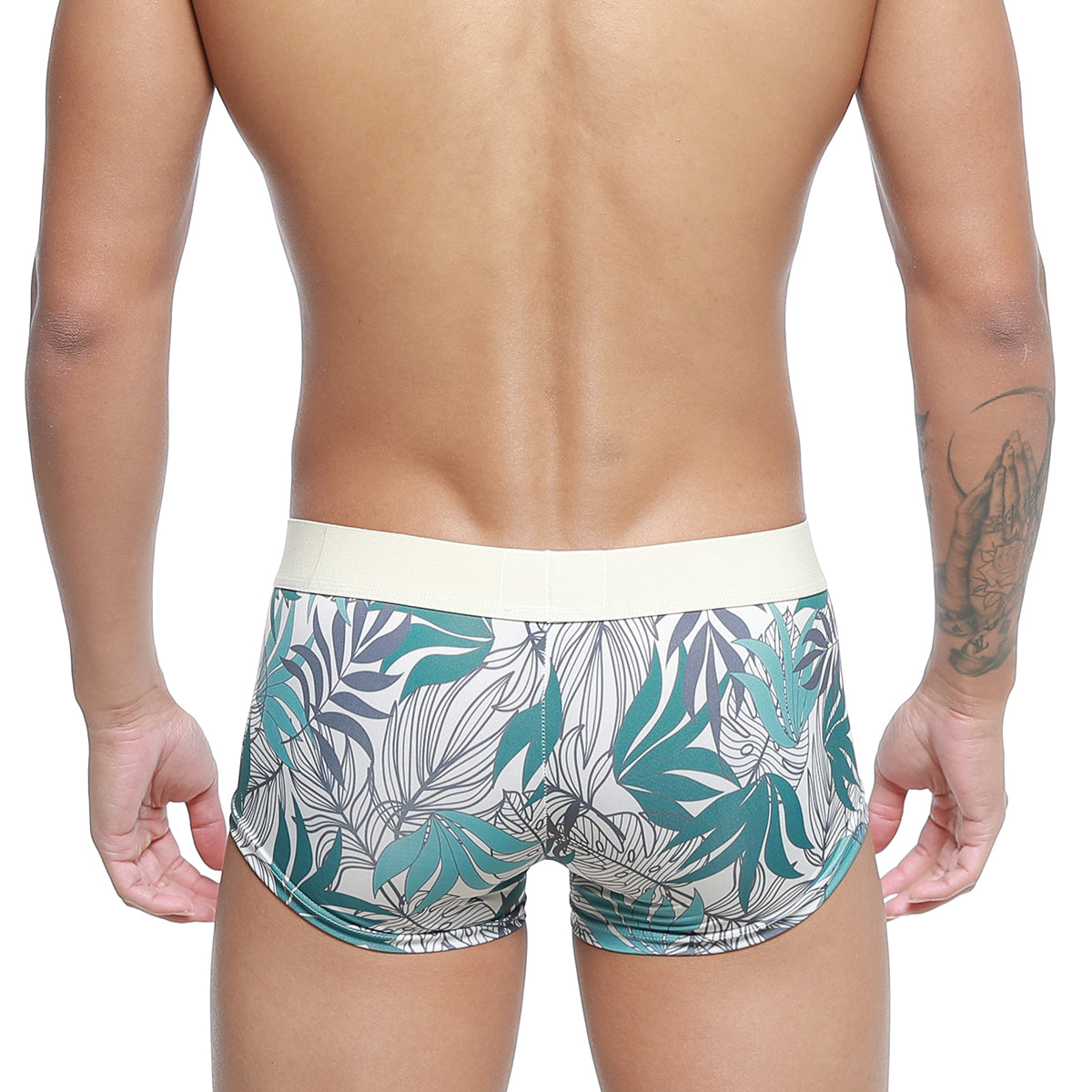 MetroMaleWear meadow trunk 2026-66 tropical leaf-patterned men’s briefs in teal gray white with cream waistband