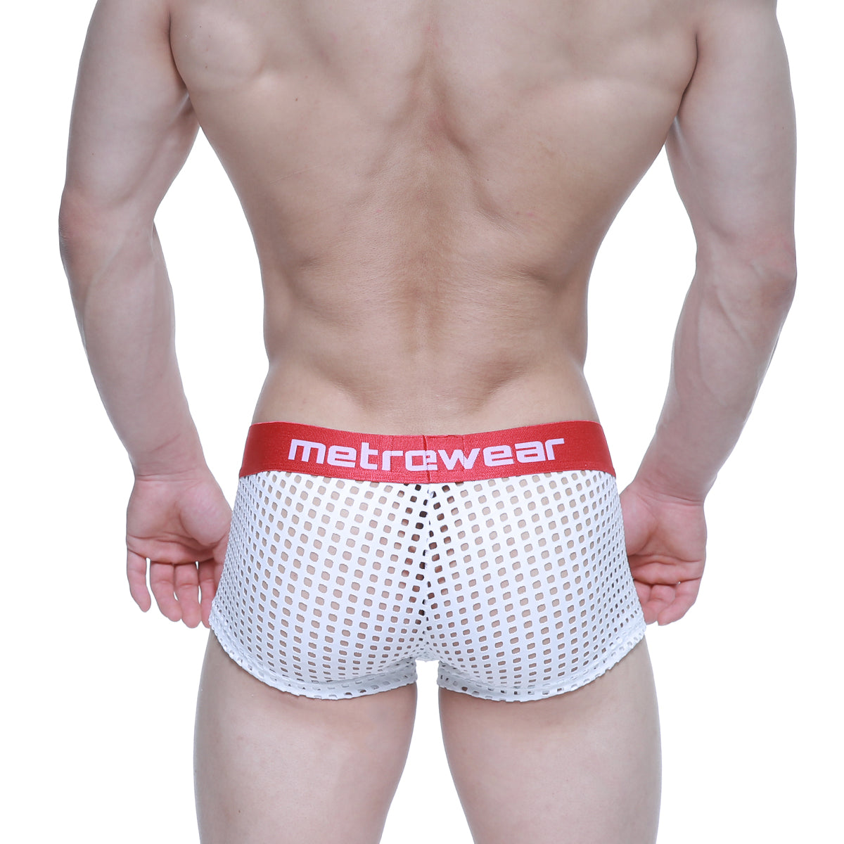 White mesh briefs with a red metrowear logo waistband from MetroMaleWear mild short boxer 2026-67 collection