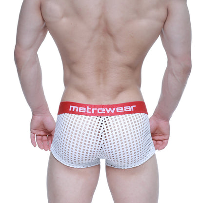 White mesh briefs with a red metrowear logo waistband from MetroMaleWear mild short boxer 2026-67 collection