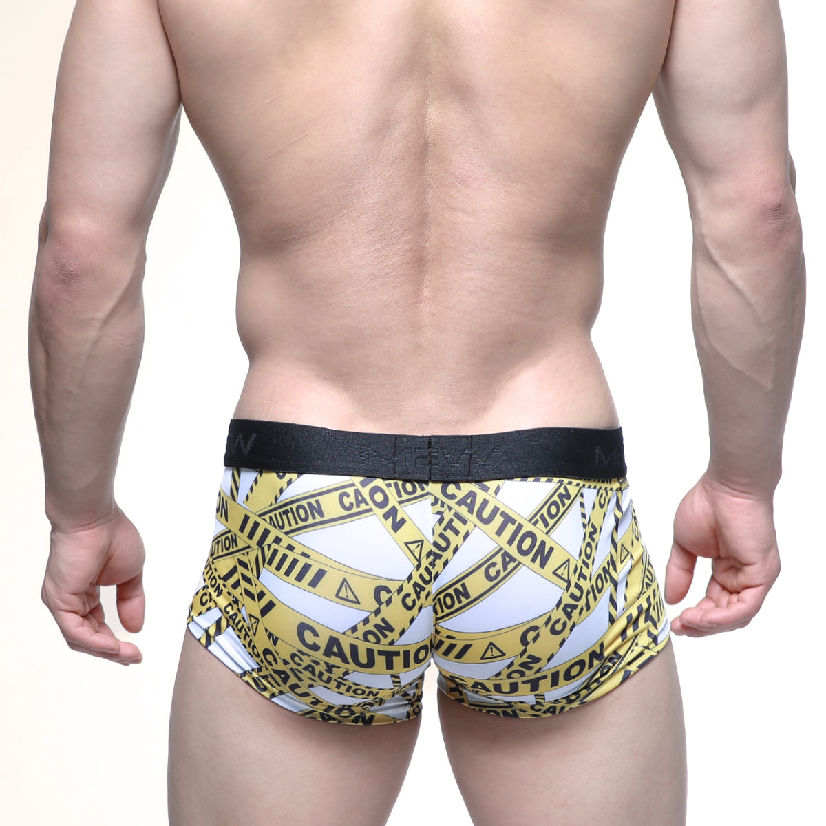 Metro male wear caution trunk white 2026 69 men’s briefs with white and yellow caution tape pattern and black waistband