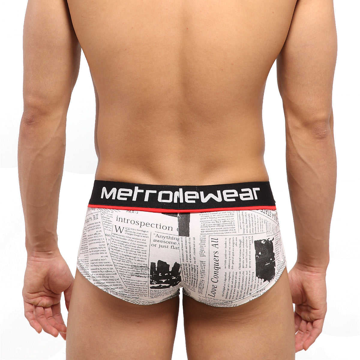 White briefs with newspaper print design and black metrowear elastic waistband from metromalewear short boxer periodico 2026-72