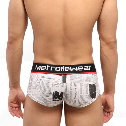 White briefs with newspaper print design and black metrowear elastic waistband from metromalewear short boxer periodico 2026-72