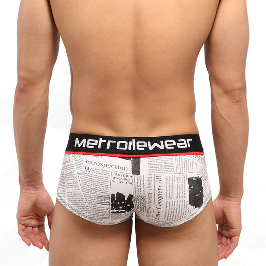 White briefs with newspaper print design and black metrowear elastic waistband from metromalewear short boxer periodico 2026-72