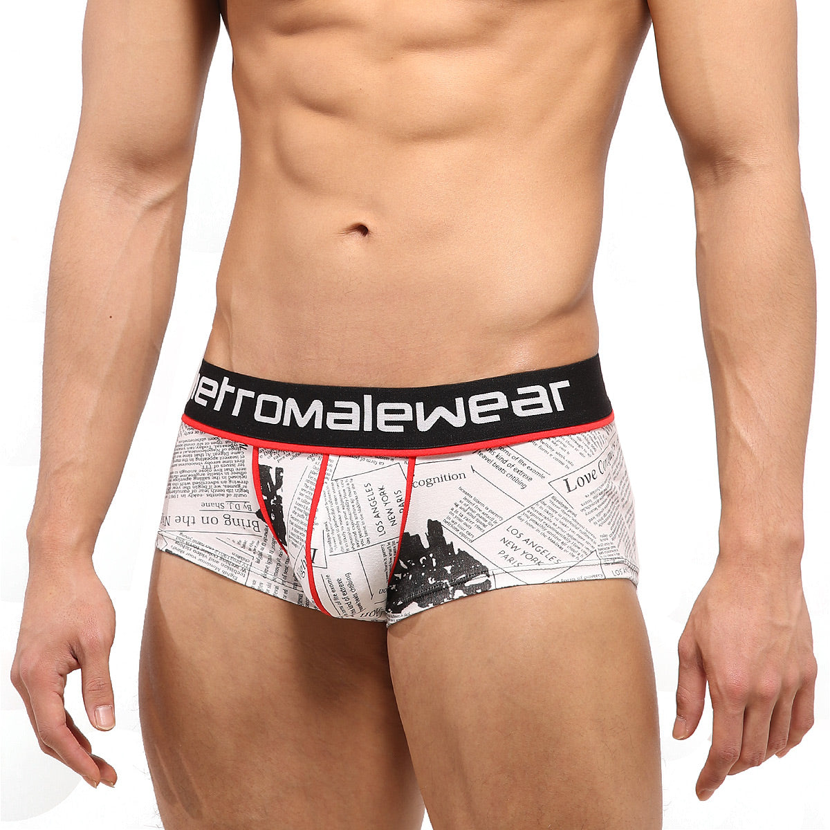 White briefs with newspaper print and black red trim featuring retromalewear brand on waistband metroMalewear 2026-72