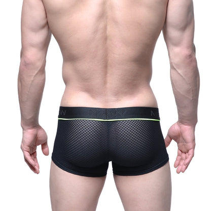 Black mesh briefs with neon green trim and nexx waistband from metro male wear meta trunk black 2026-75 collection