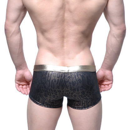 Black leopard-print briefs with shiny gold waistband by MetroMaleWear gloss trunk model 2026-78